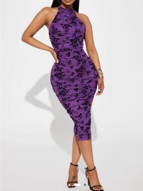 Fashion Nova Purple Floral Velvet Burnout Halter Midi Dress Party Date Night XL